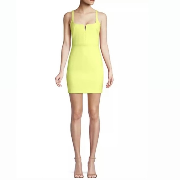 Bar III Neon Green Yellow Split Neck Sleeveless Mini Dress Bodycon - Picture 1 of 12